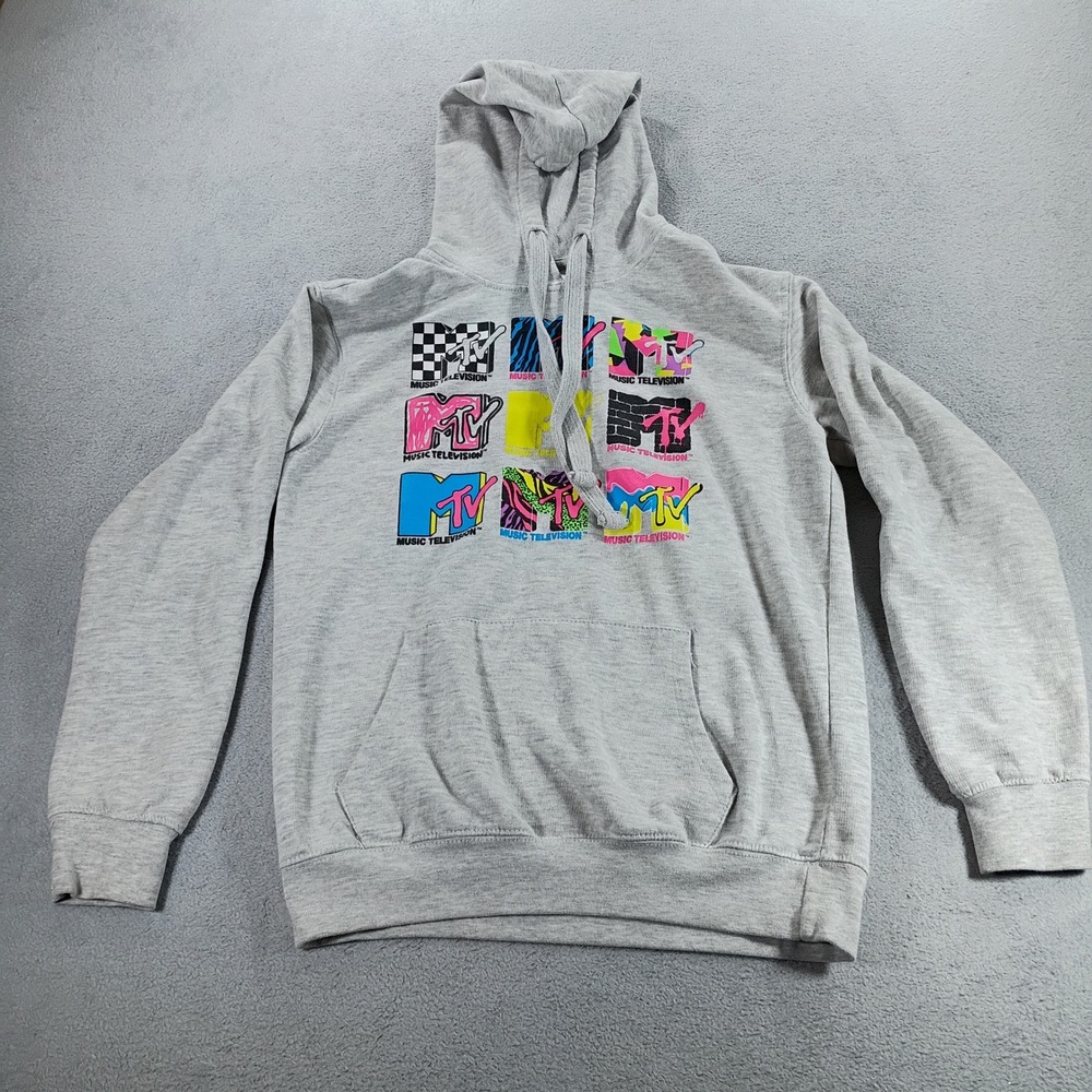 MTV Unisex Graphic Hoodie Gray Small Neon Logo Grid Sweatshirt